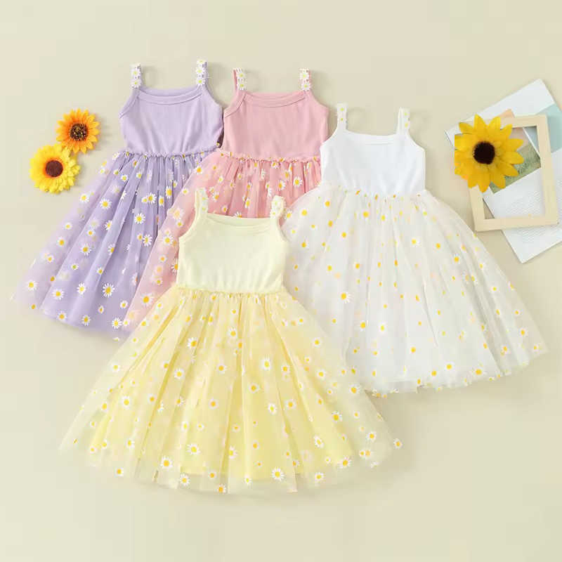 Style Korean Kid's Girls' Summer Dress 0-6Y Cute Baby Children's Daisy Suspender Mesh Dress for Girls Sun Beh Holiday Clothing S26101