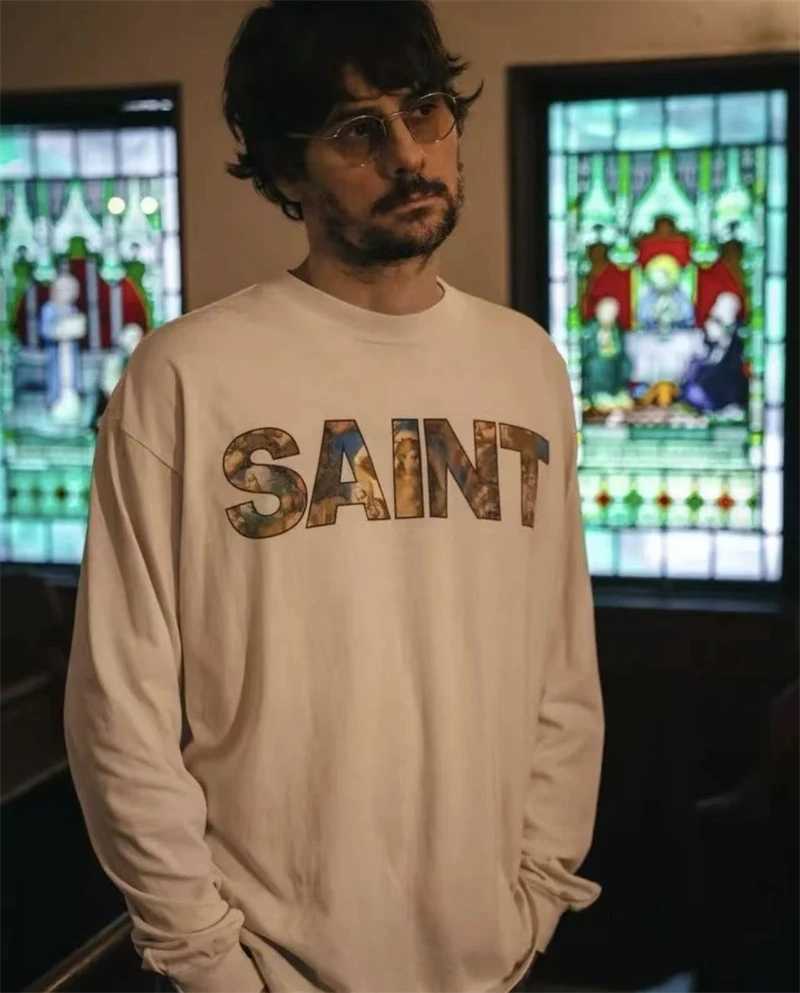 Autumn/Winter SAINT Mxxxxxx FW25 Creative Letter Printed Round Neck Long Sve T-shirt Vintage Street Oversize Cotton Q261015