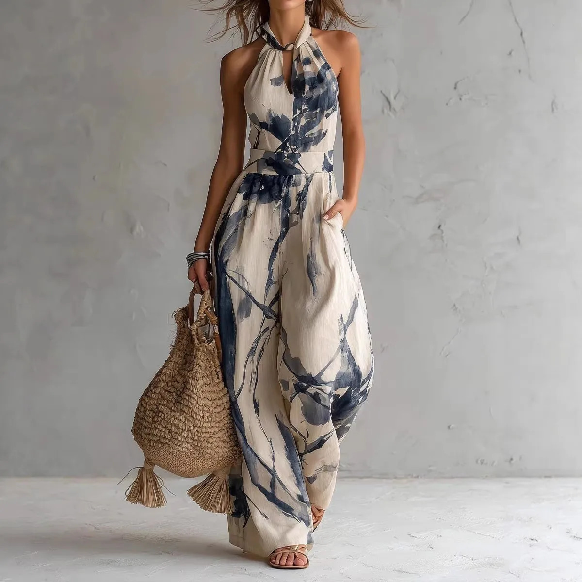 Women's Jumpsuit Halter Neck Backless Jumpsuits High Waist Wide Leg Romper Abstract Print Black And White Maxi 261015