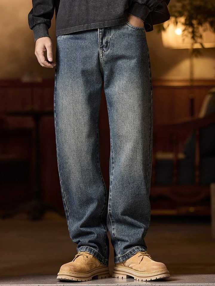 Men's Jeans American Men's Y2K Retro Blue Denim Jeans Autumn Spring Relaxed Fit Korean Streetwear Casual Wide-leg Pants with Spliced Pocke