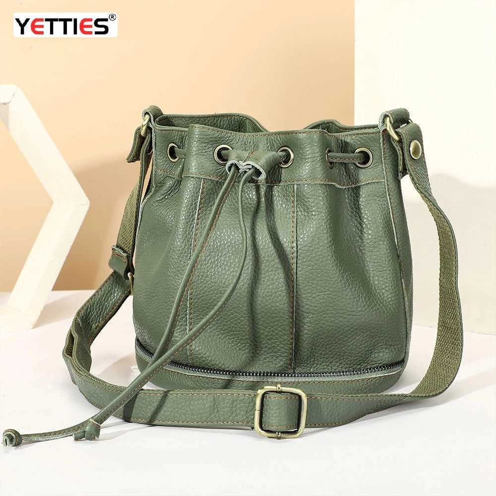 Shoulder Bags Women's Vintage Genuine Leather Drawstring Bucket Bag | Patchwork Casual Crossbody Shoulder Purse | Versatile Everyday Bag X26101