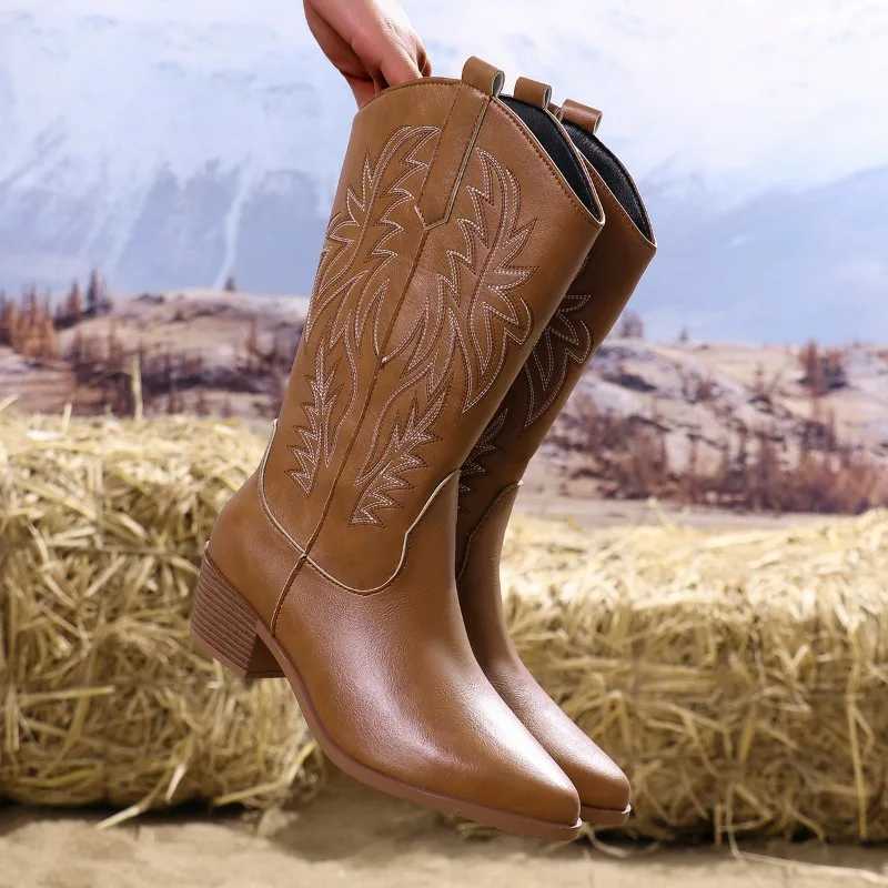 Western Women Boots Autumn Winter Fashion Chunky Heeled Cowboy Vintage Style Country Cowgirl High Heels Q261016