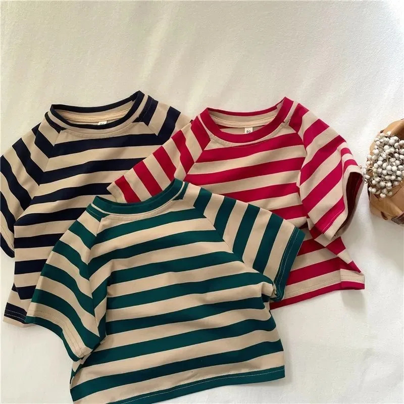 Children's Summer Clothing Baby Striped Short-sleeve T-shirt for Boys and Girls Trendy Versatile Top Basic Shirt for Kids261016