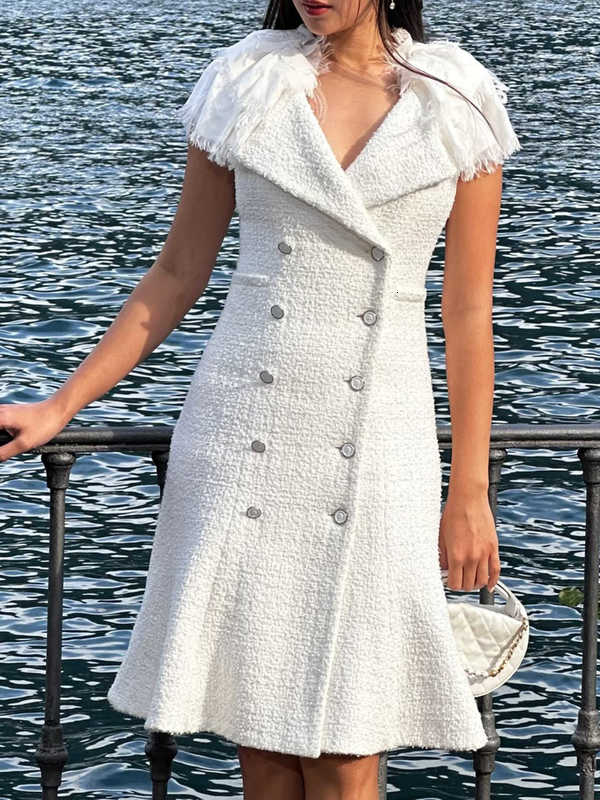 designer Basic & Casual Dresses French-style, double-breasted wool tweed dress for women, white, with stand-up collar, mid-length, for sophisticated