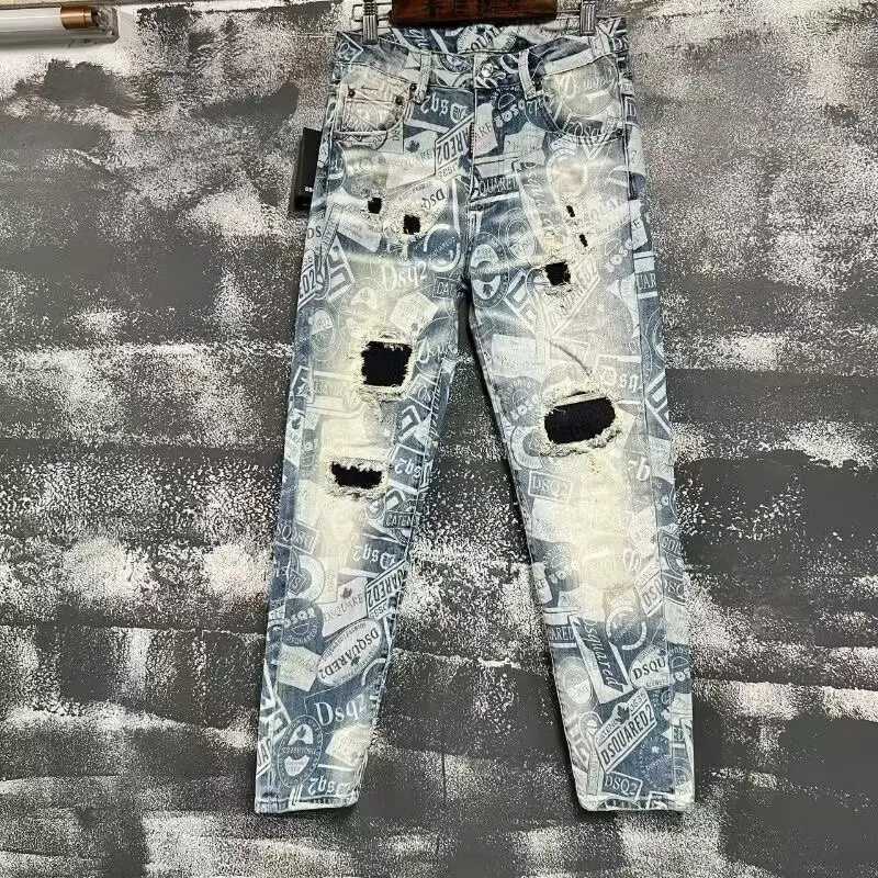 Men's Jeans American Fashion Men's Jeans Stretch Distressed Skinny Jeans Men Casual Slim Distressed Hole-denim Pants Male Trousers JeansT2