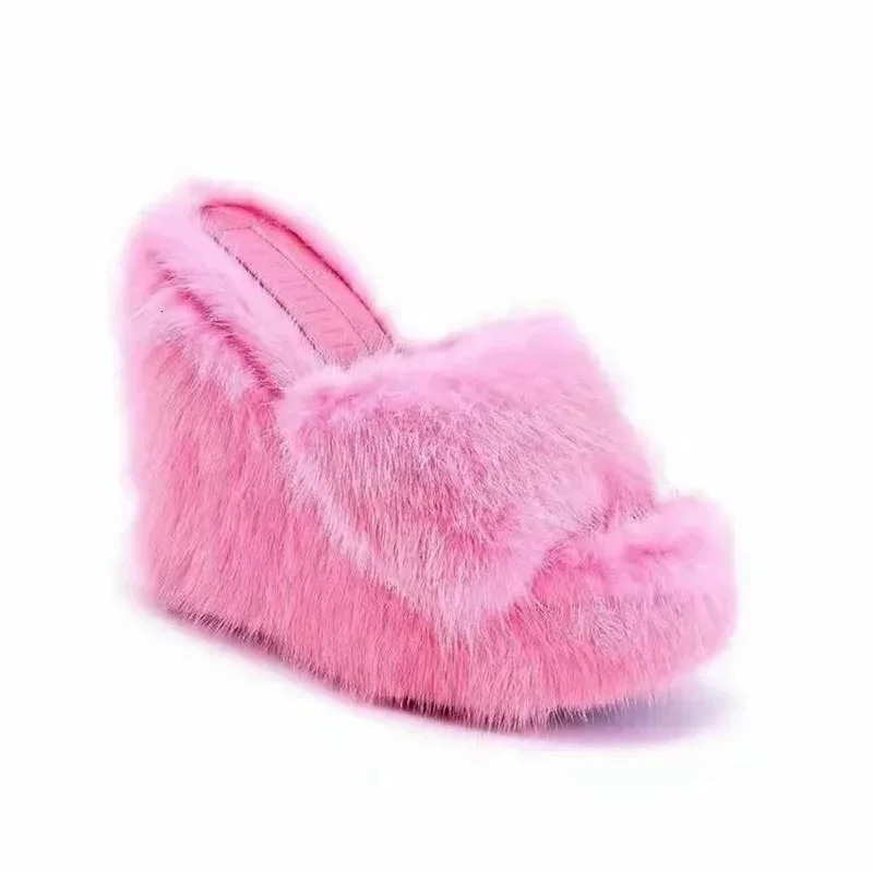 Fur Slippers Women's Wedge Heel Shoes Women High-heeled Furry Drag Fashion Outdoor All-match Shoes Slippers Furry Slides 261016
