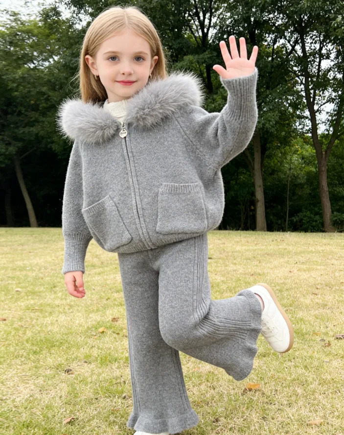 Girls Suit Autumn and Winter Childrens Clothes Girls Baby Fashion Wool Collar Hooded Sweater Pants Two-piece Set Simple 261015
