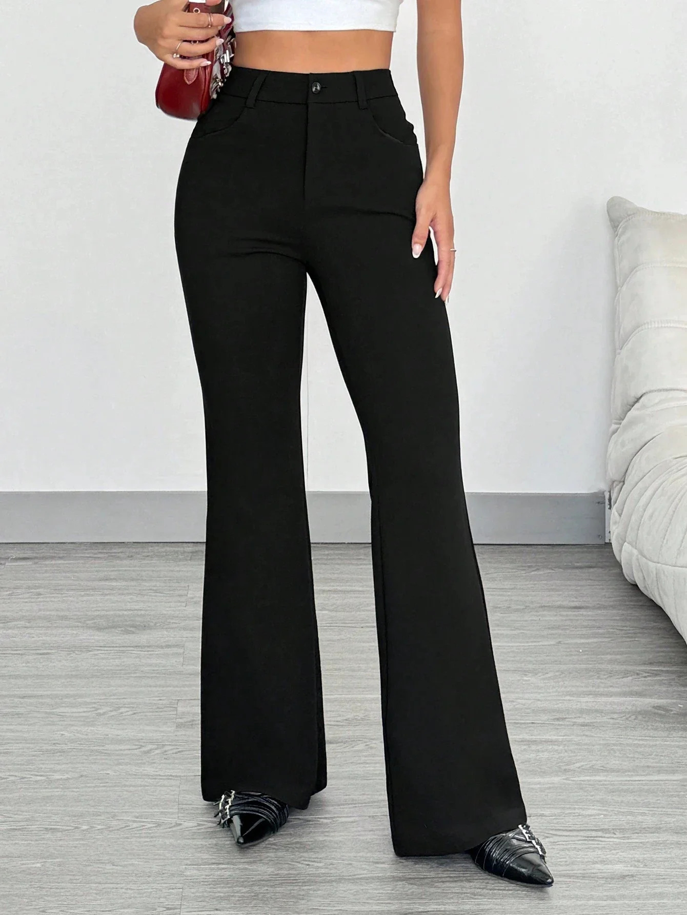 Women's Casual Solid Color Front Button Fitted Flare Long Pants Office Lady Elegant Suit Trousers SpringFall y261015