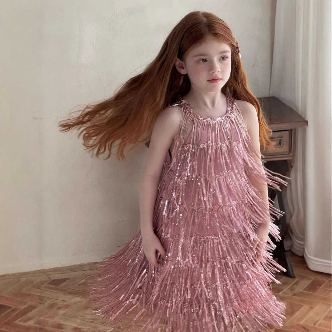 Dress Girls 2025 Summer New Children Fashionable High End Tassel Glitter Vest Dress Girls Birthday Dress S261016FKH7