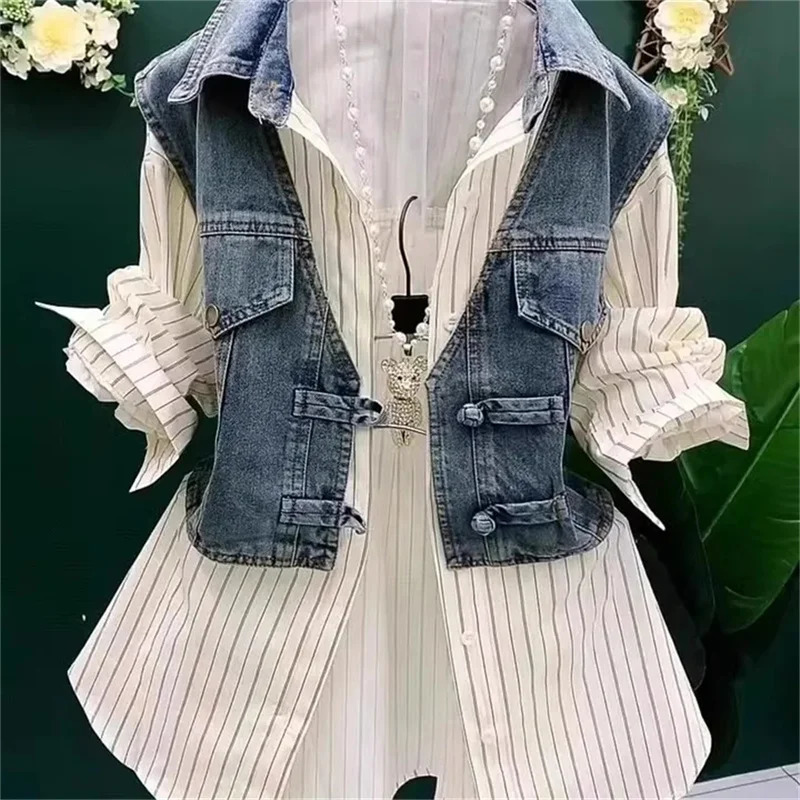 Cowboy Vest Patchwork Summer Shirt Two-Piece Shirt Women's Cowboy VPolo Collar Denim Jacket Autumn Button Spring Shirt Lady 261015