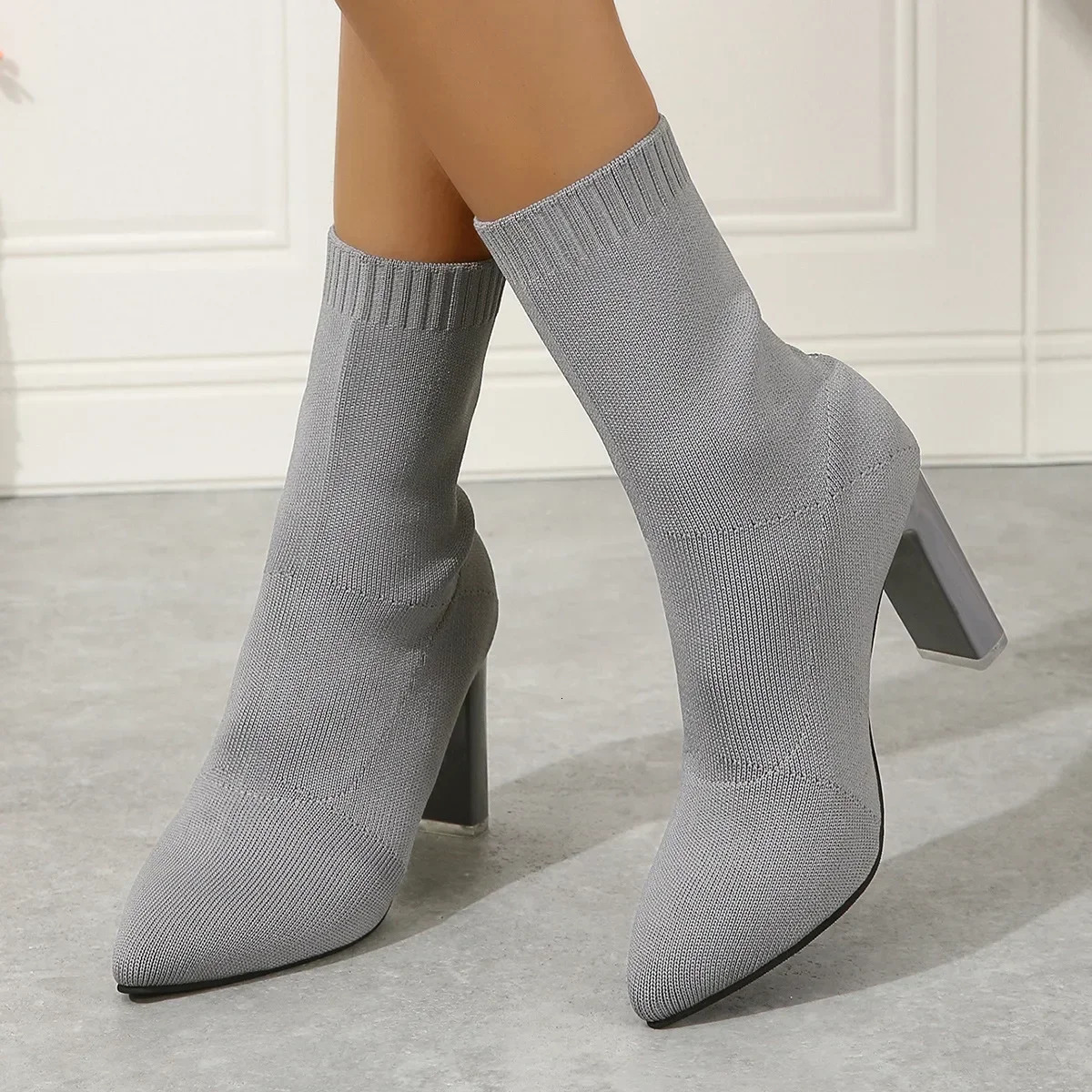 Womens Fashion Heeled Ankle Boots Autumn Pointy Solid Color Stretch Knitted Sock Boots Women Chunky Slip on Shoes Plus-size 43 261016
