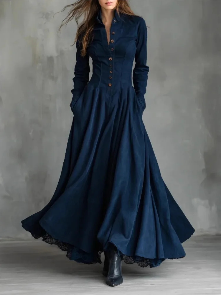 Women Suede Dress Autumn Fashion Lapel Collar Long Sleeve Button Lace Hem Side Pockets Solid Dress Casual Vintage Outfit 261015