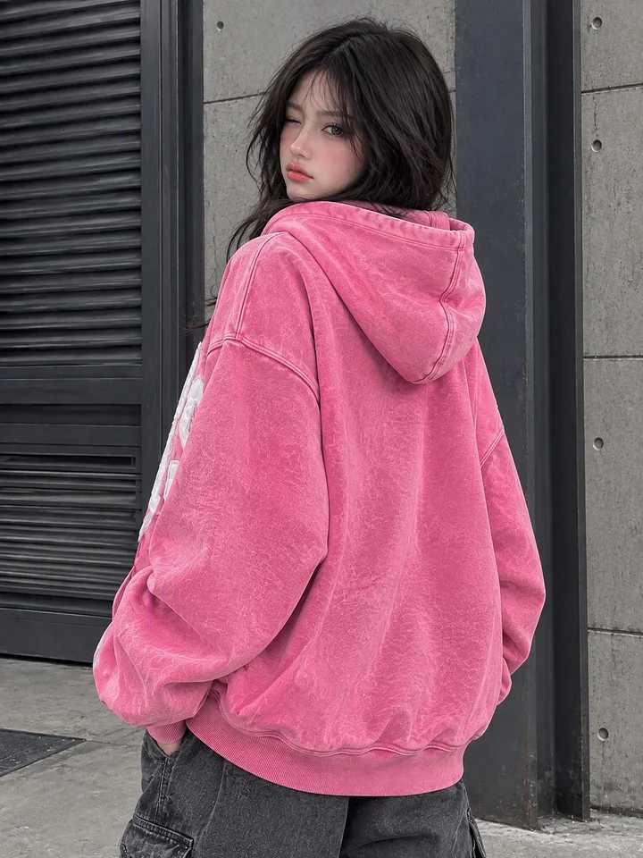 Pink Men's Jackets Oversized Women's Grunge Hoodie Y2K Girly Streetwear Washed Graphic Zip up Sweatshirt Spider Web Letter Print N261016
