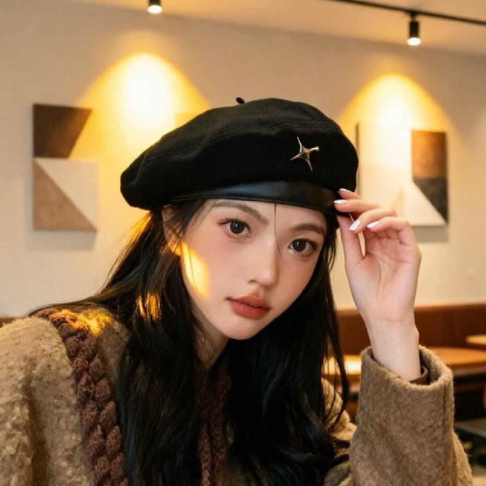 British Personty Style Star Beret Woolen Pu Leather Newsboy Cap Korean Style Y2K Painter Hat Streetwear S261016SNDT