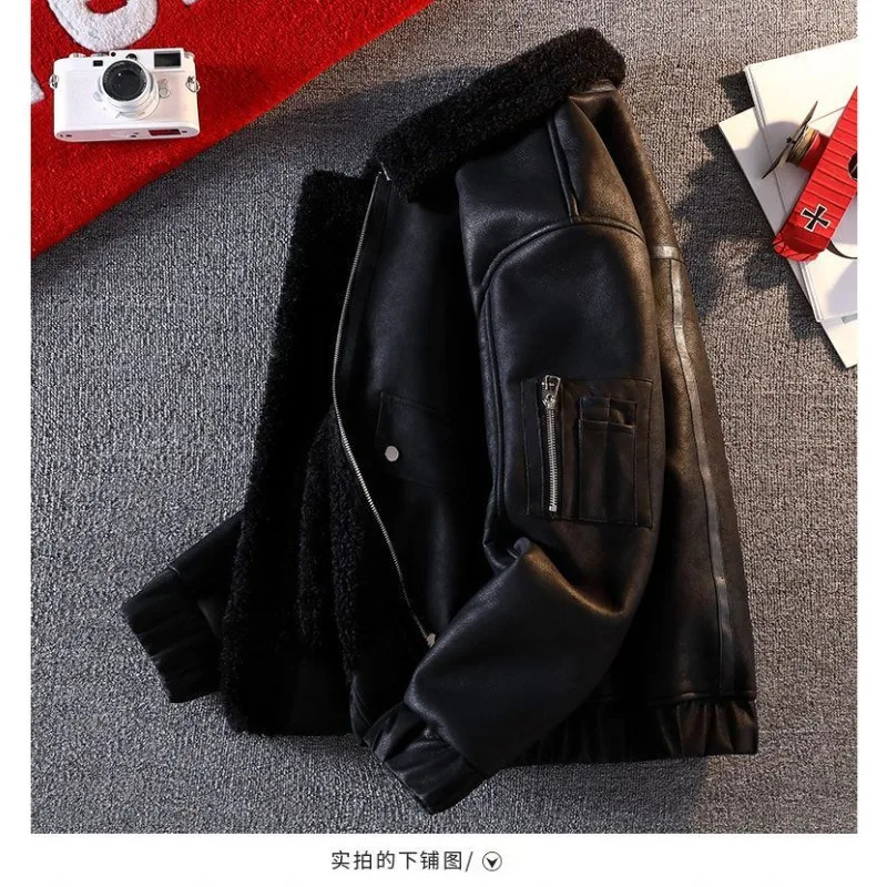 Winter Light y Highend Motorcycle Faux Fur Onepiece Leather Jacket Men Men's Fleece Thickened 261014