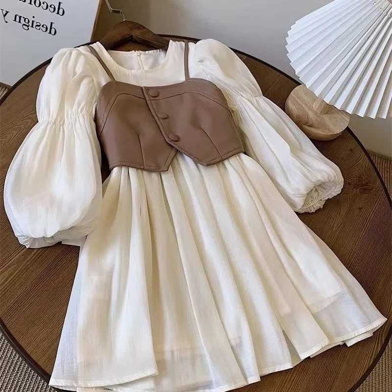 Autumn Spring Girls Dress Set Long Sleeve Children's Retro PU Leather Vest Dress Set Teenage Girls Clothing Suit 4 6 8 12Y S261016U9ZG