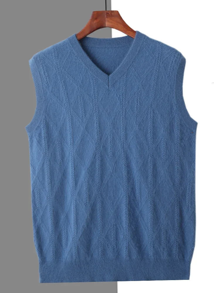 Mink Cashmere V Neck Sleeveless Pullover Vest for Men Twist Flower Autumn Winter Knit Top 260928