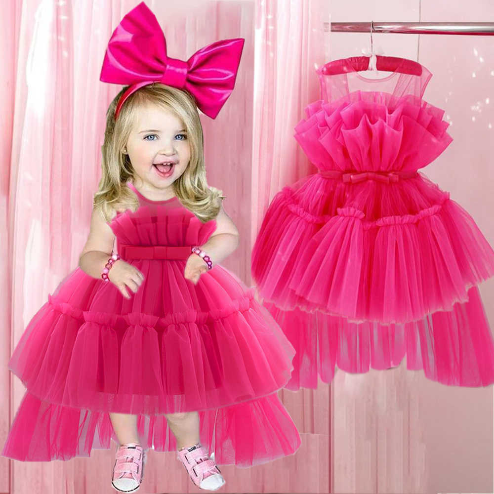 Bow Fluffy Baby Trailing Girl Dresses Tulle Wedding 1st Birthday Party Vestidos Kids Evening Gown Pink Princess Dress for Girls S261016UM5I