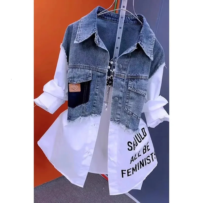 Women Denim Blouse Jacket Spring Autumn Korean Splicing Ladies Cowboy Shirt Tops Casual Stripe Female Windbreaker 261015