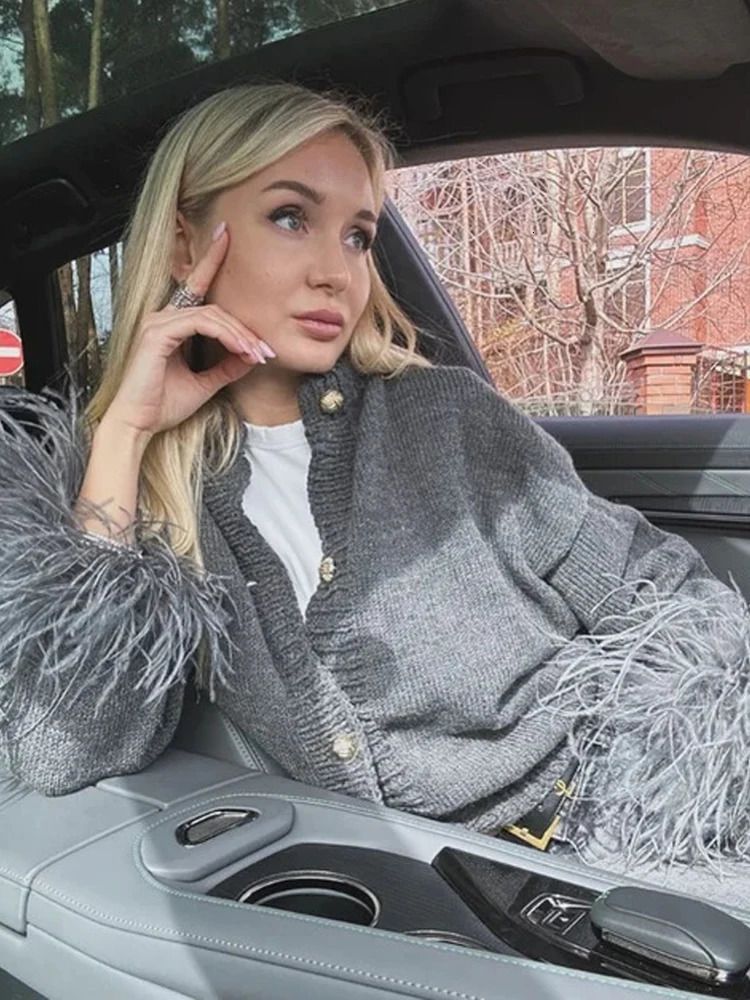 BKQU Feather Patchwork Knitted Cardigan Women Fashion Long Sleeve Single Breasted Short Loose Sweater Coats Elegant Street Tops 261015