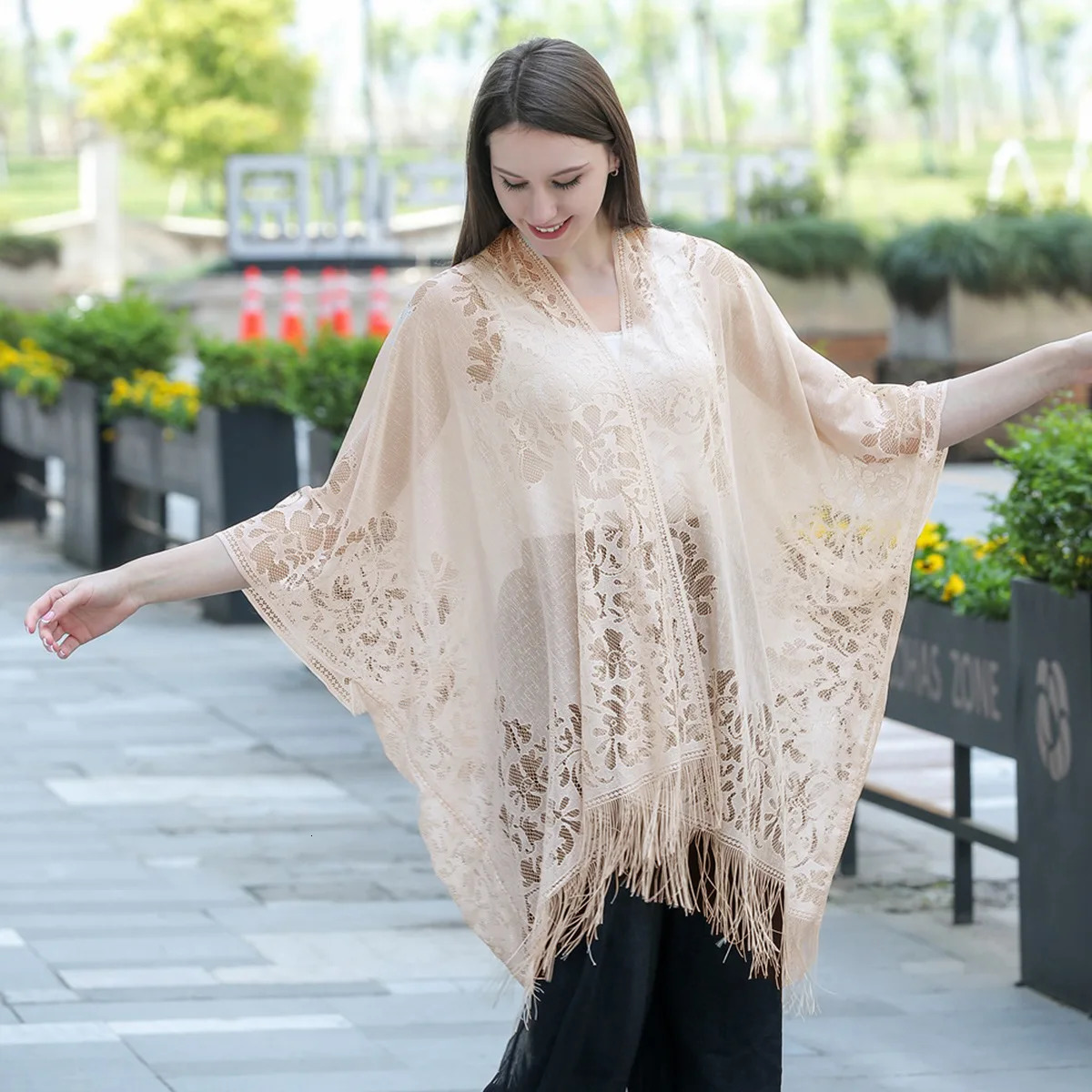 Leakage Cardigan Shawl Lace Tassel Women's Fashion Versatile HighEnd Solid Color Hollow Tourism Vacation Beach Cape Sunscre 261015