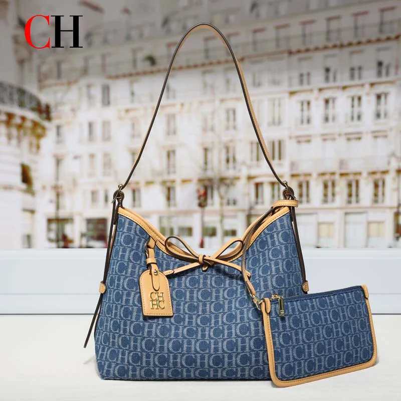Cross Body CH 2 In 1 Print Denim Hobo Bag For Women With Mini Wallet Bow Decor Large Capacity Shoulder Tote Bag Designer Daily Handbag H2610161
