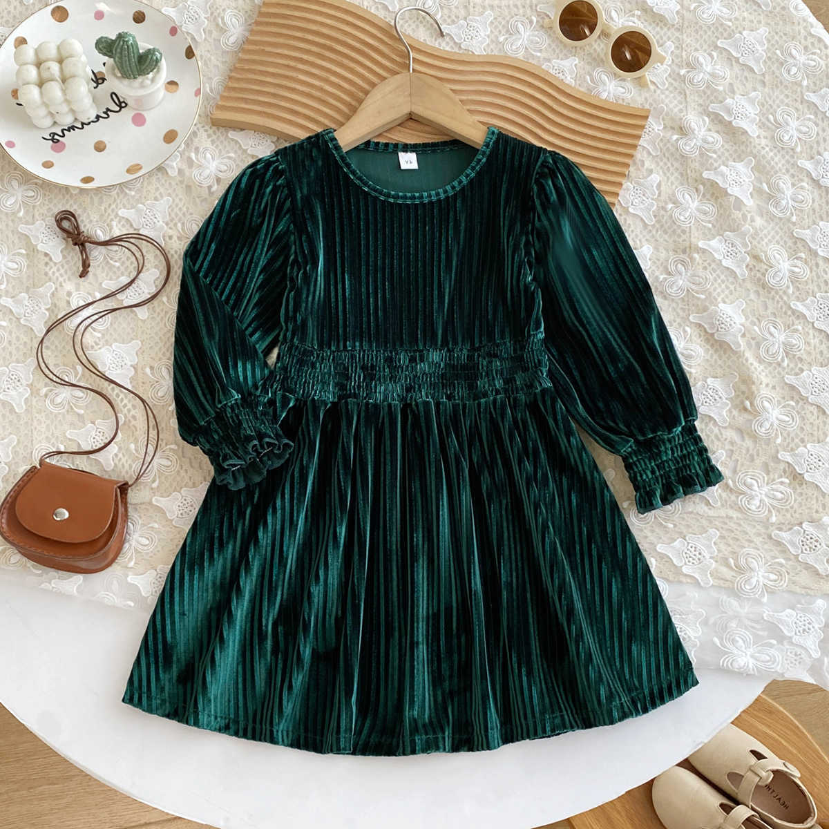 Dresses Kids for Girls Autumn Round Neck Velvet Textured Pu Sleeve Dress Casual Children's Clothes Girl Clothes S2610164R16