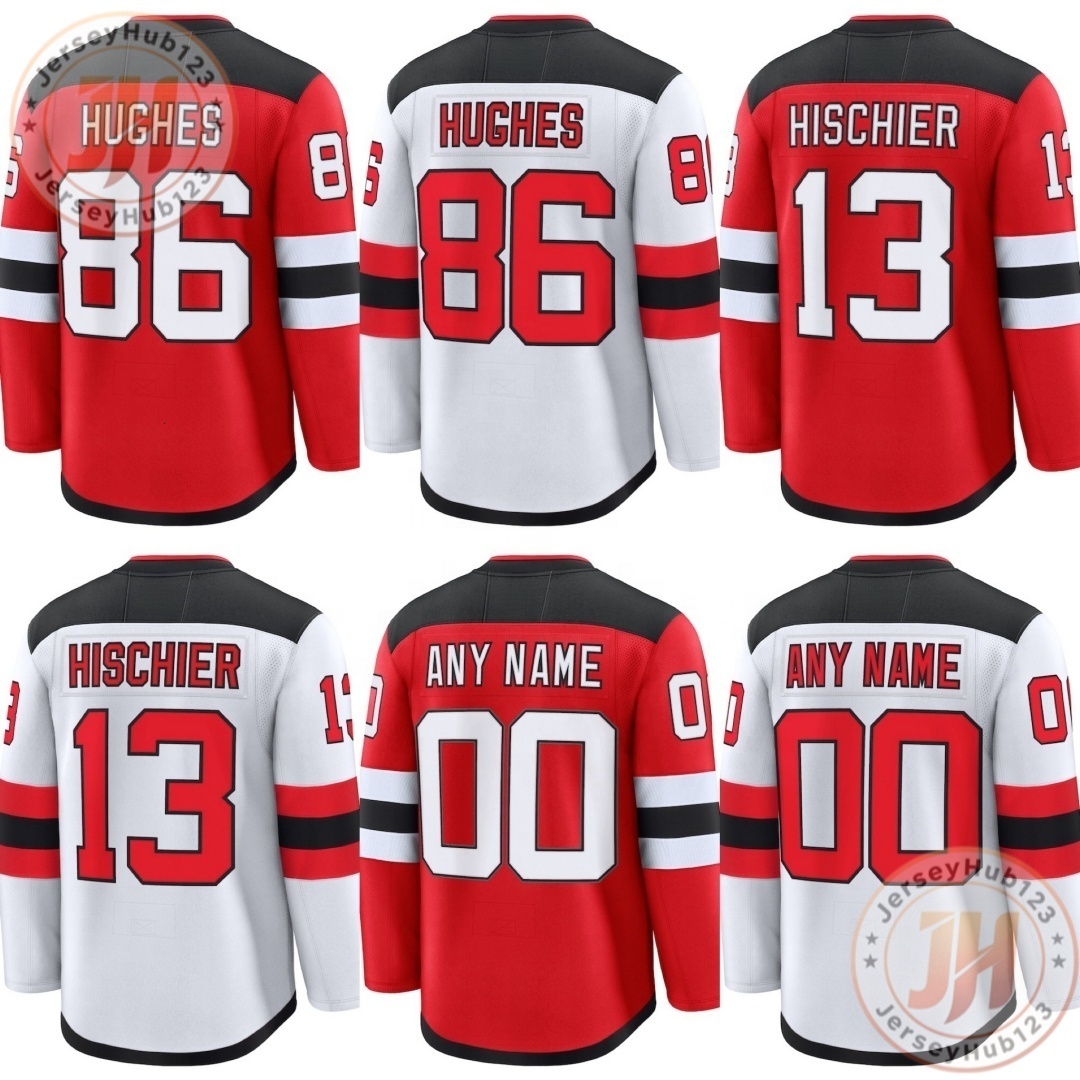 86 Jack Hughes #13 Hischier #43 Luke Hughes Men's Embroidery Ice Hockey Jersey Red White Drop Shipping Hockey Uniform