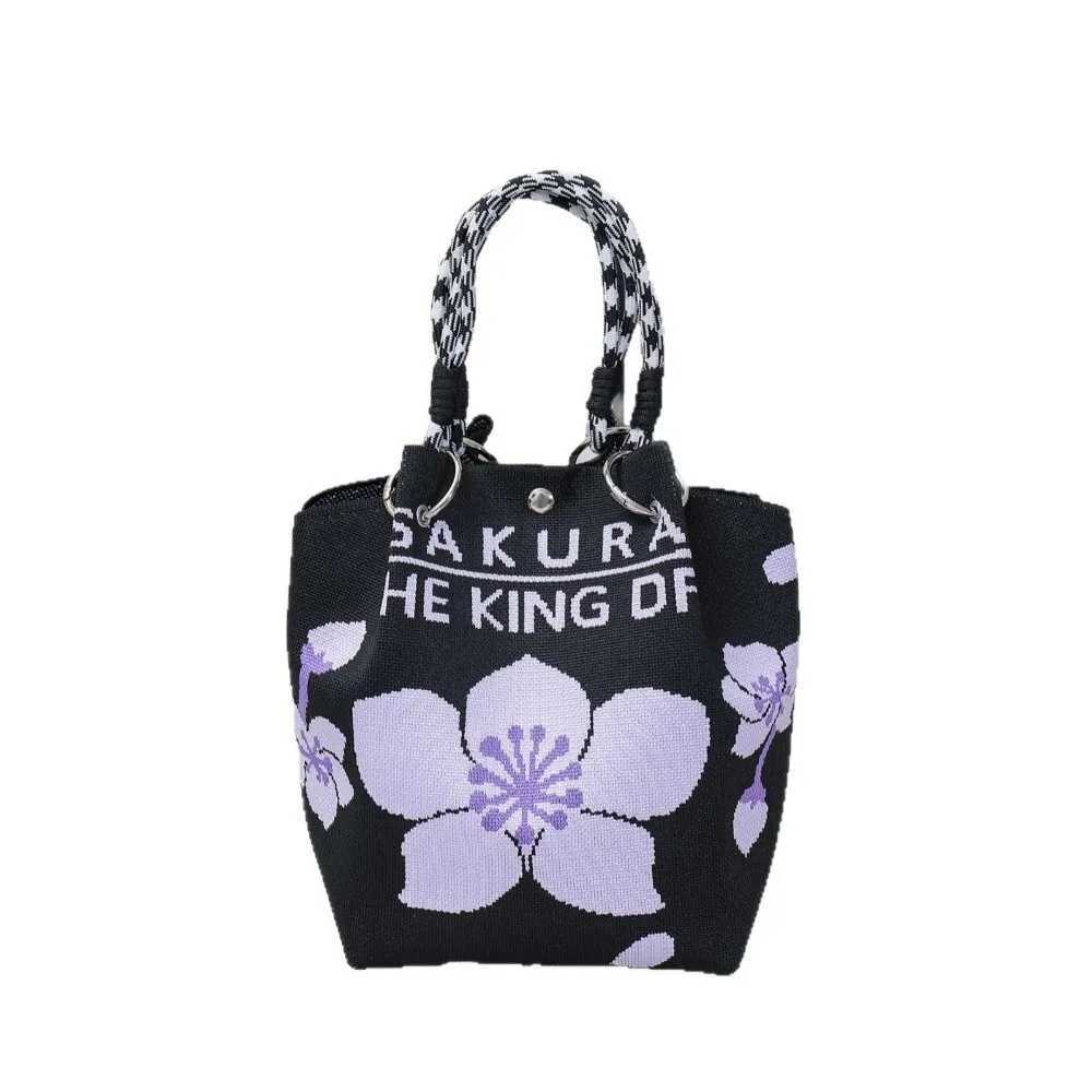 Evening Bags Portable Floral Knitted Bucket Bag Handmade Large Capacity Shoulder Bag Woven Ring Tote Bag for Women H261016