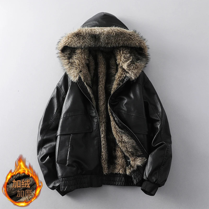 Winter Fur Leather Jacket Men Hooded Plus Velvet Padded Warm Casual Streetwear Wool Liner Coat 261014