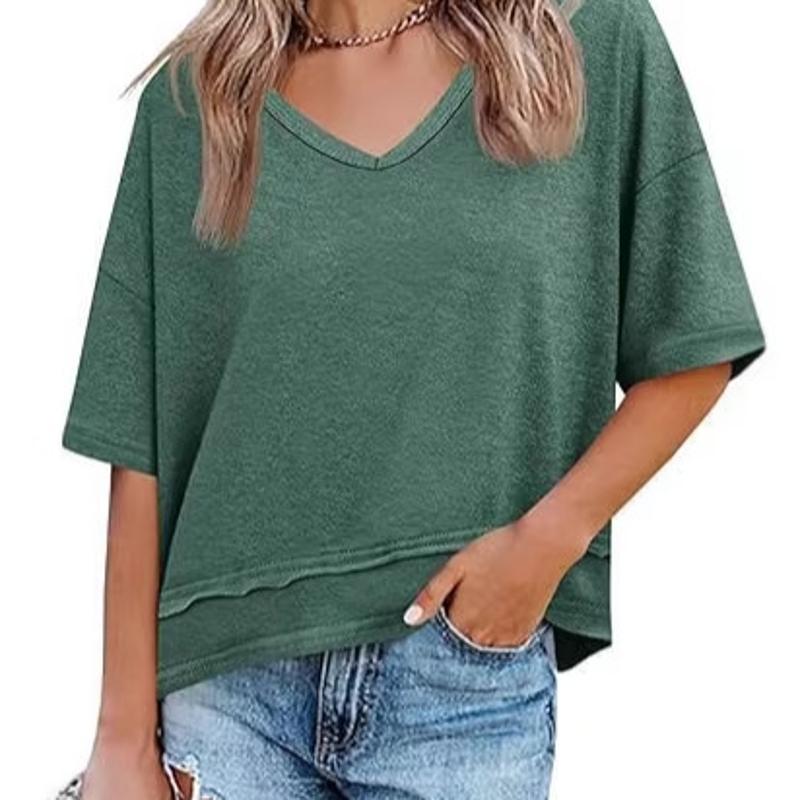 Women's Solid Color V-Neck Half Sleeve T-Shirt Spliced Hem Loose Fit Casual Commute Top Spring