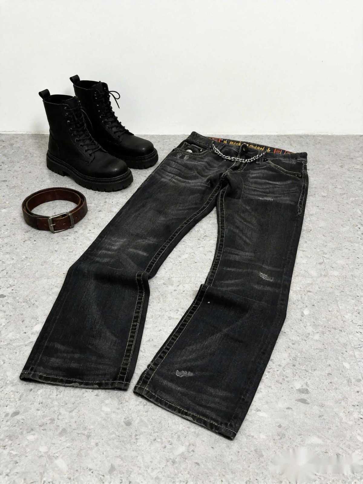 Men's Jeans Y2K Black Fade Flare Jeans Gothic Cross Embroidery Vintage Washed Denim Pants StreetwearT261016