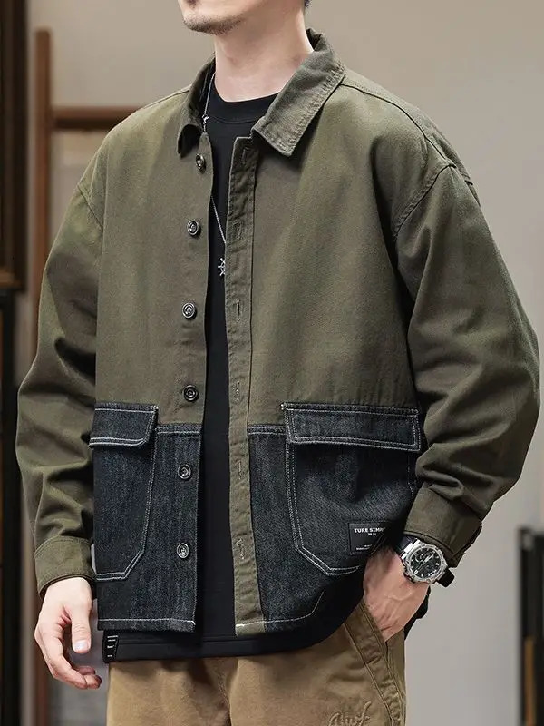 Plus Size Men's Denim Jacket Oversized Casual Outwear Coat Loose Fit Patchwork Jeans for Big Men Trendy Streetwear 261012