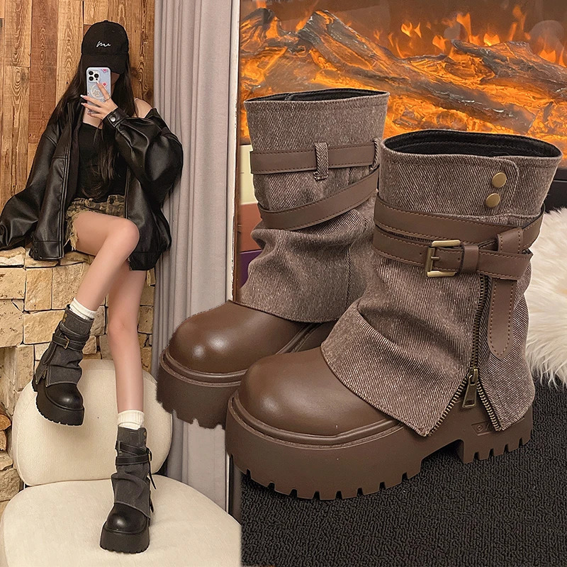 Ankle Boots for Women Cowboy Flats Platform Shoes Fashion Zipper Winter Gothic Boots Walking Dress Mujer Botas 261016