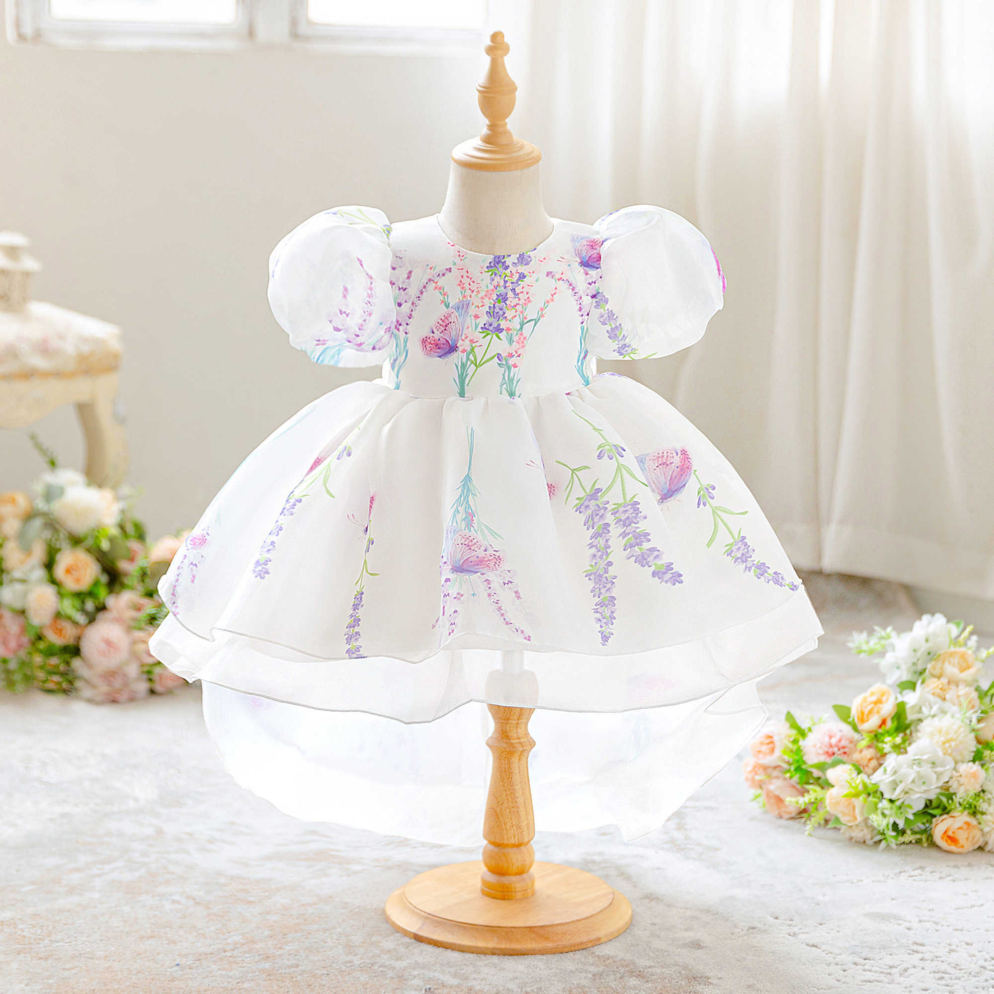 Flower Elegant Baptism Party Baby Girls Dress Toddler 1st Birthday Tailing Princess Dresses Wedding Bridesmaid Evening Prom Gown S261016ZHPB