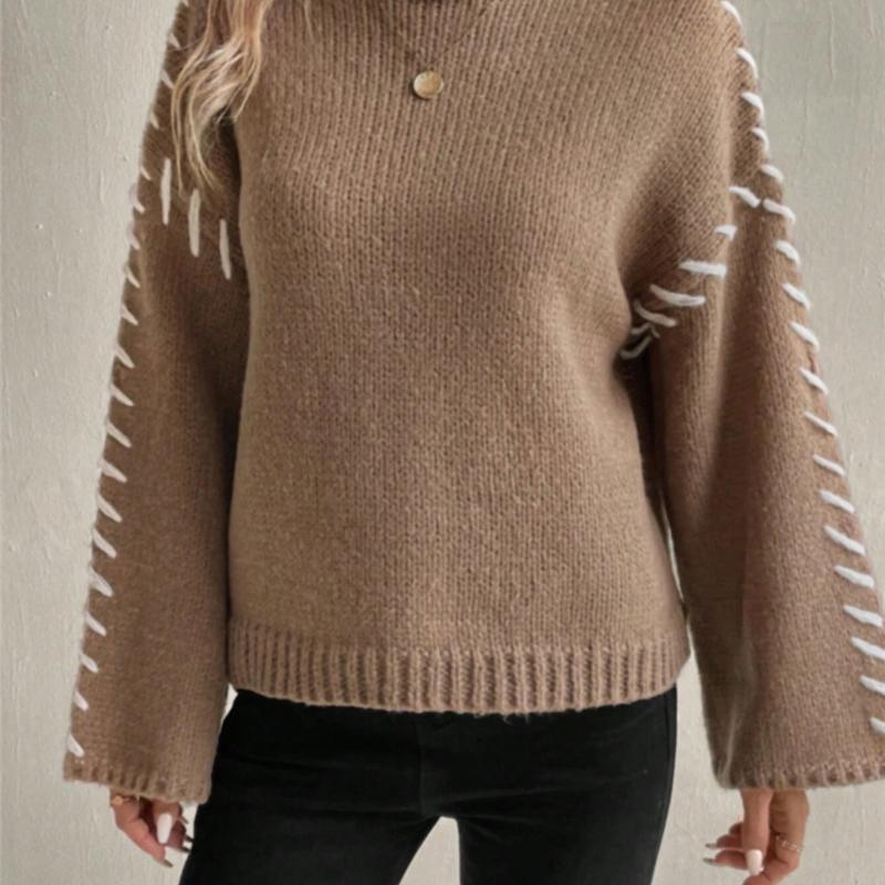 Women High Neck Knit Sweater Contrast White Stitch Detail Long Flare Sleeve Loose Fit Solid Color Pullover Knit Top