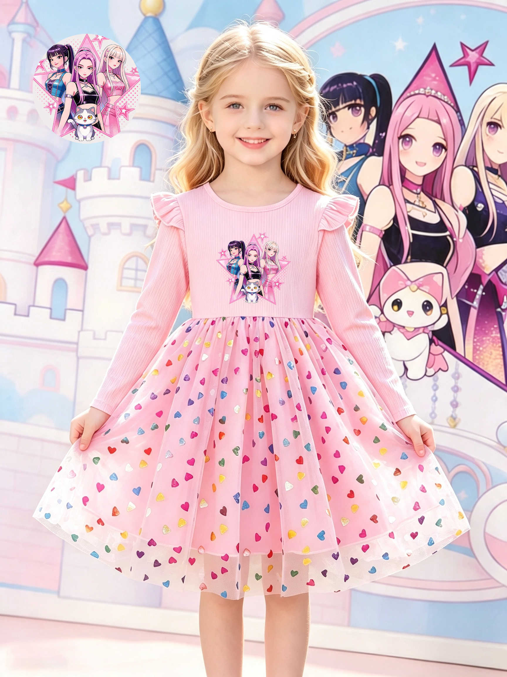 Cartoon Girls Printed Long Sleeve Tulle Princess Dress Pink Flutter Sleeve Colorful Heart Puy Skirt Kids Spring Autumn Dress S261016TRH3