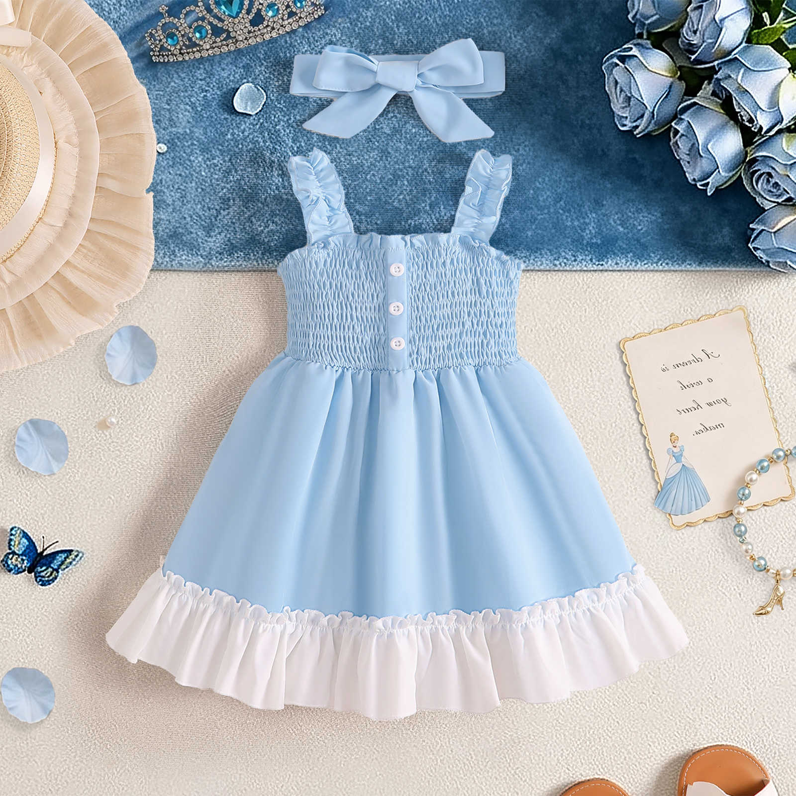 Baby 2Pcs Girl Dress Solid Color Rule Suspender Dress+Headband for 0-3 Year Baby Girls Summer Birthday Party Princess Dress S2610168NNE