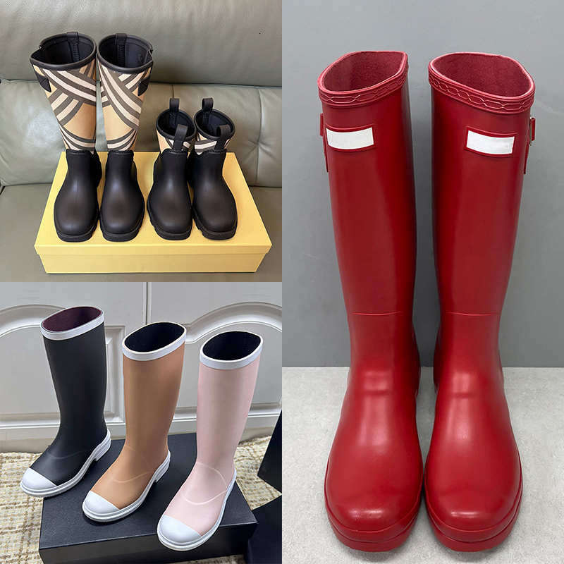Womens Red Shiny Boots Original Tall Rain Boots Designer Platform Waterproof Rainboots Rubber Water Shoes Wellington Boot 887