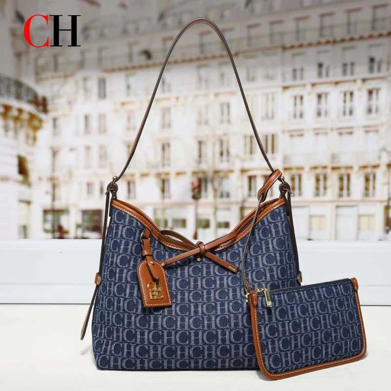 Cross Body CH 2 In 1 Print Denim Hobo Bag For Women With Mini Wallet Bow Decor Large Capacity Shoulder Tote Bag Designer Daily Handbag H261016