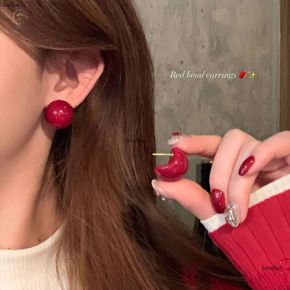 New Year's limited edition in wine-stained cherry red with pearls, women's light luxury high-end unique and beautiful earrings 3