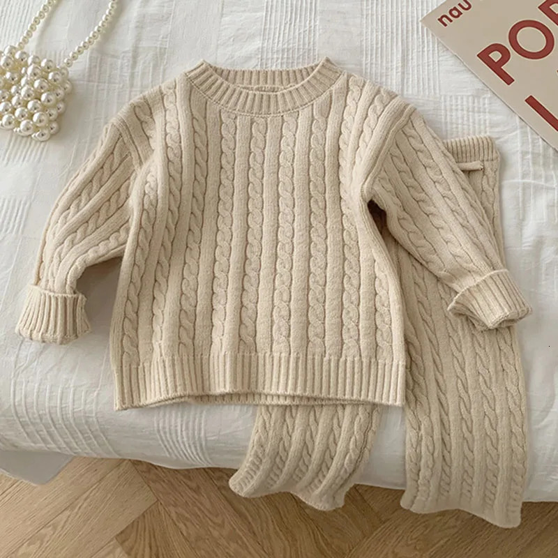 Autumn Spring Kids Knitted Clothing Set Long Sleeved Solid Color Pullover SweaterPants Korean Style Baby Girl Clothes Suit 261015