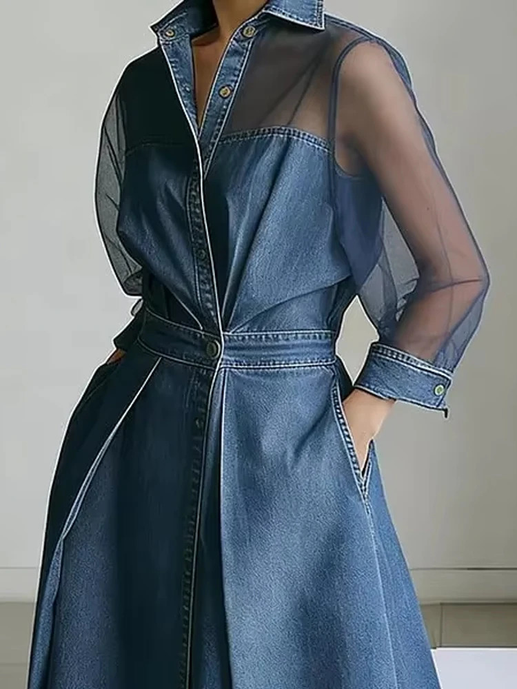 Women's Denim Mesh Patchwork Midi Dress Lapel Collar Button Sheer Long Sleeve Pocket Chic Female Elegant Streetwear Long Dresses 261015