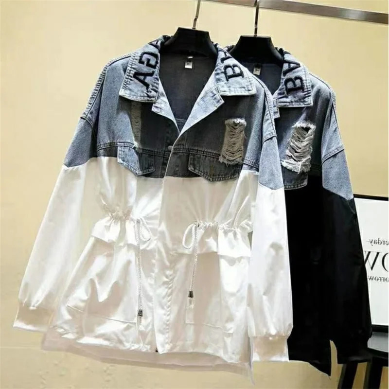 Spring Autumn Fashion Medium Long Splicing Denim Jacket Female Loose All-match Casual Cowboy Overcoat Female Windbreaker 261015