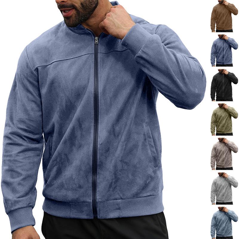 Veste zippée à col montant tricoté en daim pour hommes, cardigan de sport décontracté, coupe ajustée, manteau de printemps à manches longues de c