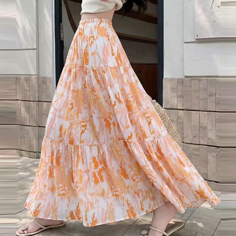Femmes Designer Été Vintage Imprimé Floral Taille Haute A-ligne Maxi Jupe Taille Élastique Casual Élégant