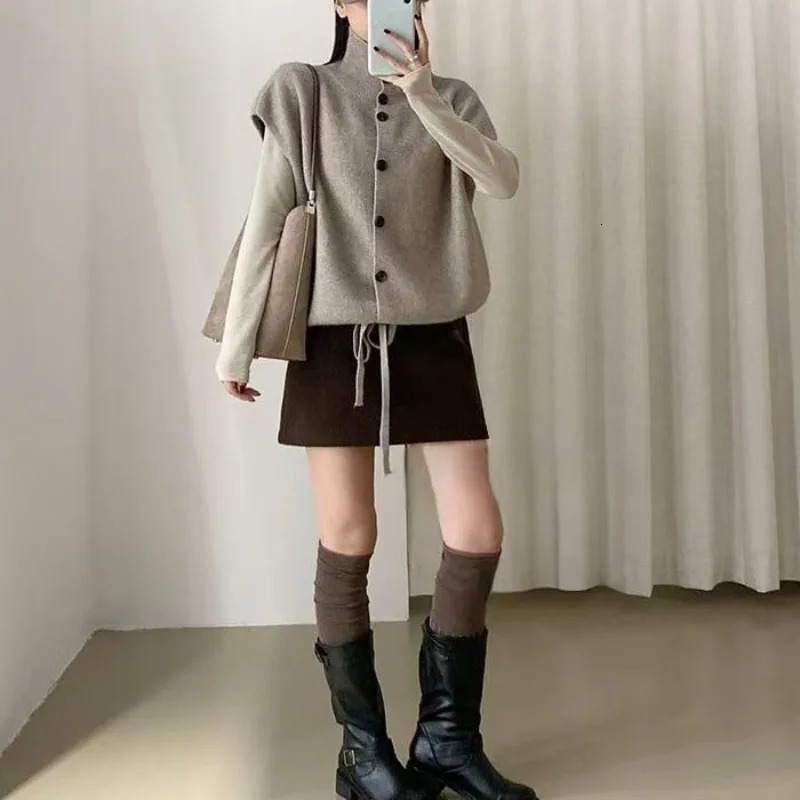 Women's 2026 Autumn Winter Stand Collar Single Breasted Knit Vest Sleeveless Thick Warm Elegant Chic Coquette Trendy Top 261009