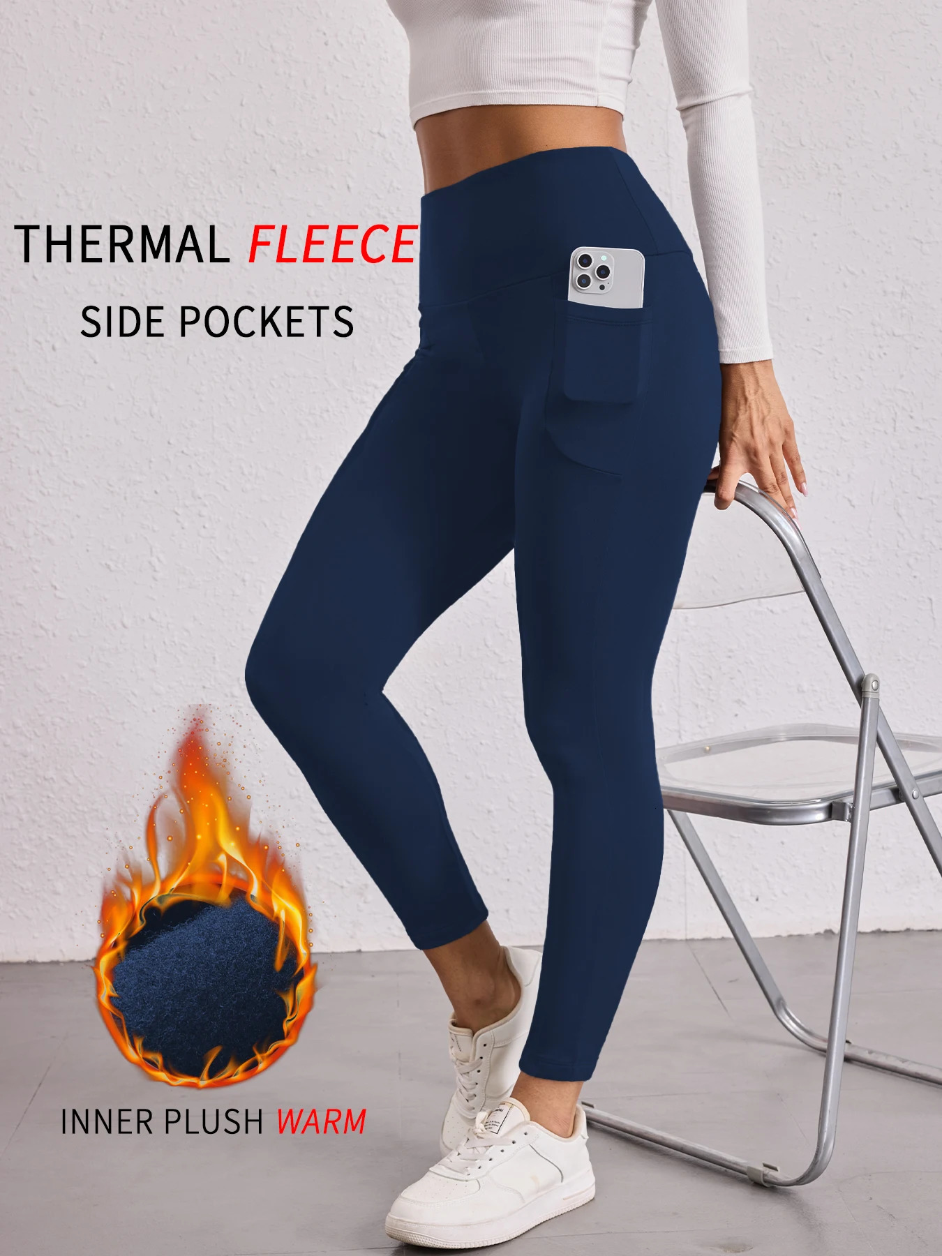 Womens Thermal Fleece Lined Leggings with Pockets High Waisted Tummy Control Workout Winter Warm Thick Tights Pants 261013