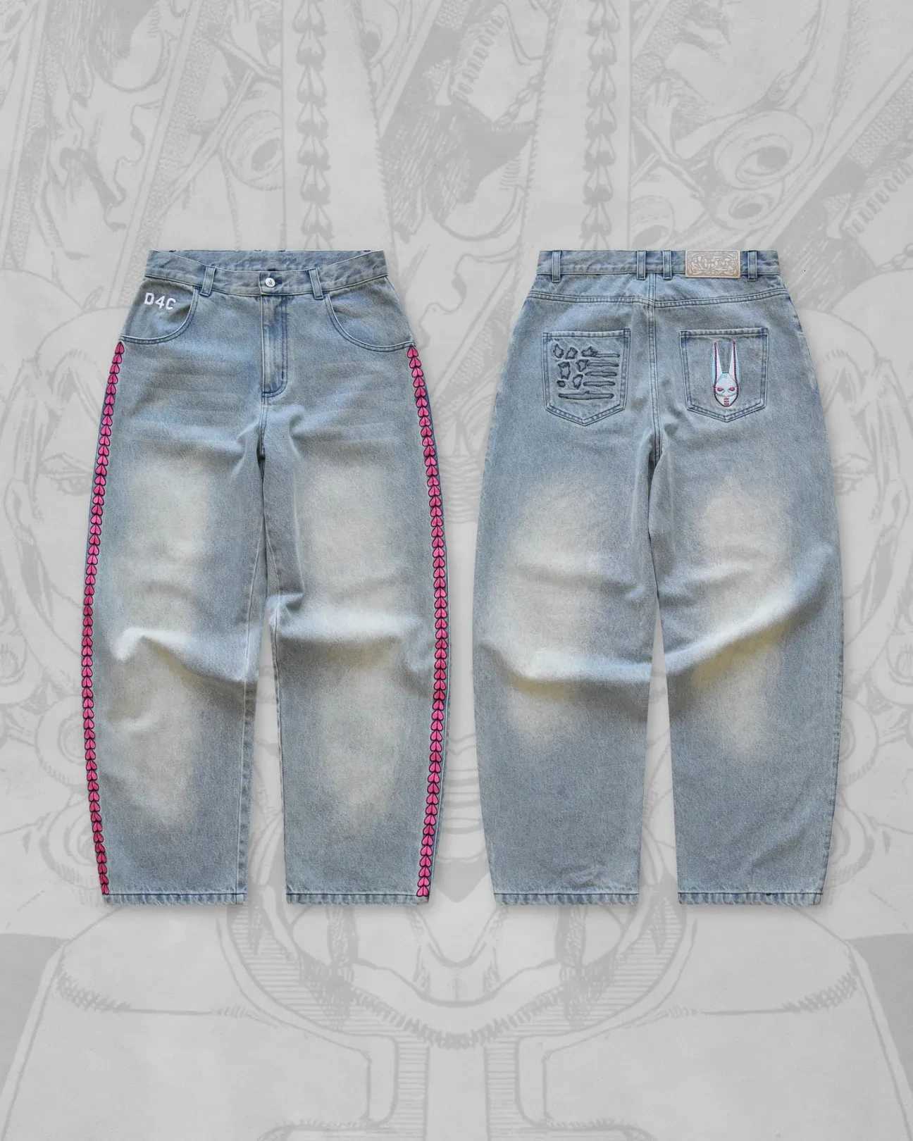 Men's Jeans D4C JoJo Y2K Men High Waist Baggy Jeans Women Pink Heart Side Embroidery Loose Fit Washed Denim Pants Streetwear Wide Leg PantsT261