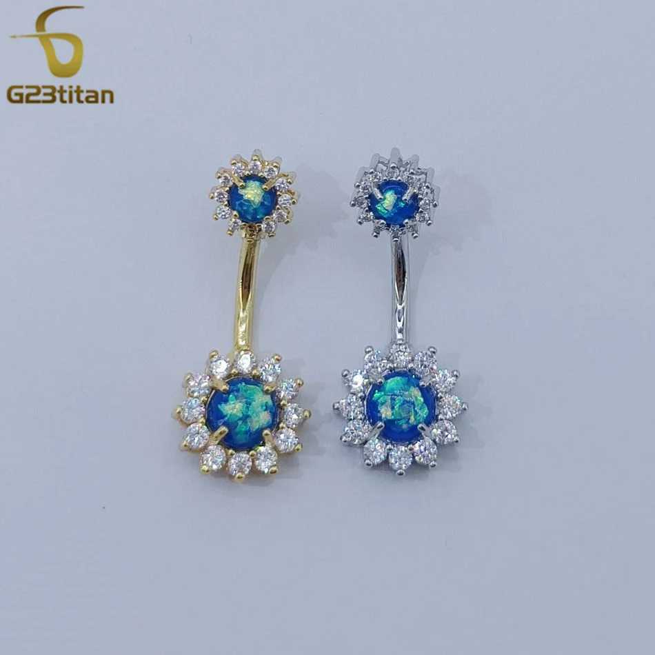 G23titan Double Side Blue Opal CZ Flower Belly Button Ring 14G Surgical Titanium Barbell Navel Ombligo Piercing Women Jewelry Q261016